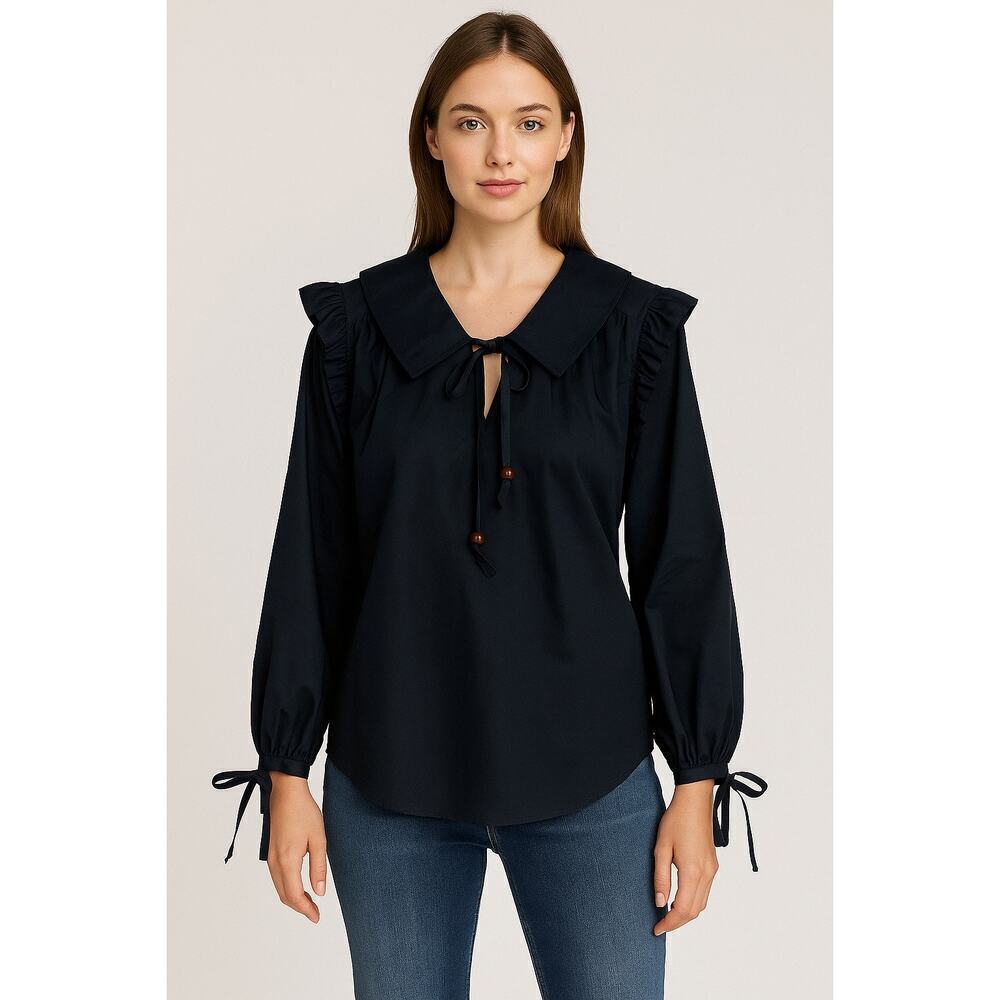 Inclan Studio Sampson Cotton-Lycra Long Sleeve Blouse Black Women's Size M NWT